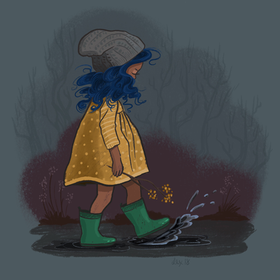 Little girl with natural curls splashing in a puddle early spring or later winter. Illustration by Alexis Eve using Procreate and a limited muted color palette of grey, purple, yellow, green, blue.