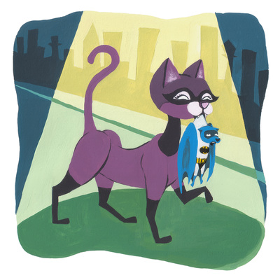 In a world where Catwoman and Batman are an actual Cat and Bat, Catwoman wins. Illustration by Alexis Eve using traditional acrylic paint techniques and a limited muted color palette of grey, purple, yellow, green, blue.