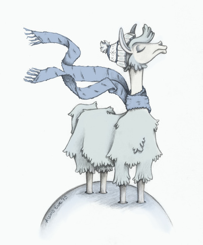 Winter wooly llama standing proudly in the snow wearing a hat and scarf. Illustration by Alexis Eve using Pencil and digital color a limited muted color palette of grey, cream, green, blue.