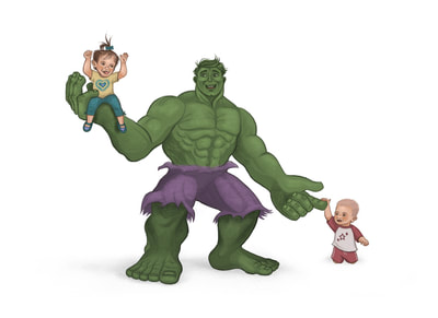The incredible Hulk is happy playing with an adorable little girl and boy. Illustration by Alexis Eve using Procreate and a limited color palette of purple, yellow, green, blue and rust red.