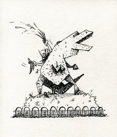 Edward scissorhands trimming a bush into a magnificent t-rex topiary. Illustration by Alexis Eve using a black ink brush pen and a micron pen. Black and white on textured paper.