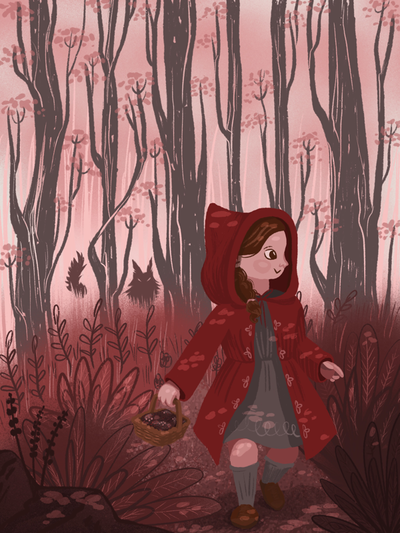 Little red riding hood carrying her basket walking through the woods. The big bad wolf is lurking in the distance. Illustration by Alexis Eve using Procreate and a limited muted color palette of pink, mauve, red, and grey.
