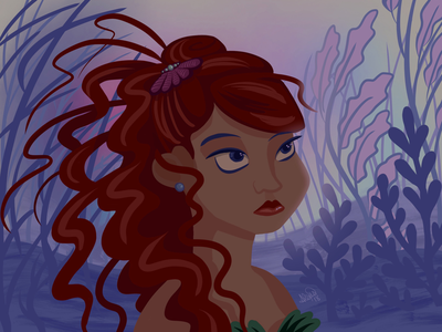 Red haired teenage mermaid with natural curls and waves. A loose underwater ambiance. Illustration by Alexis Eve using procreate and a limited color palette of purple, pink, red, and dark periwinkle blue.